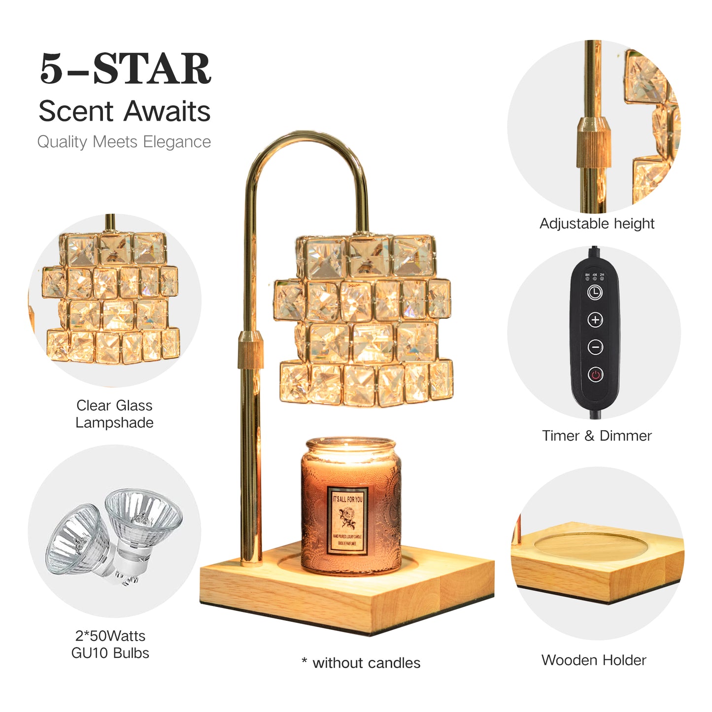 Crystal candle heating lamp with timer, adjustable light and height, send 2 bulbs