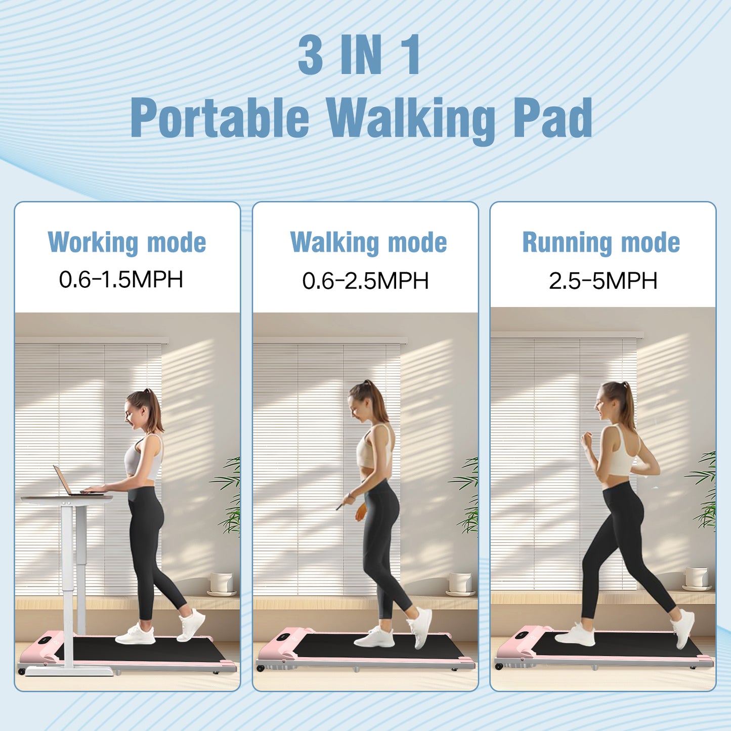 SY Walking Pad,Under Desk Treadmills ,280 Lbs Capacity,3 in 1 Portable Walking Treadmill（Pink）