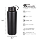 Insulated Wide Mouth Stainless Steel Vacuum Travel Sports Water Bottle-40oz