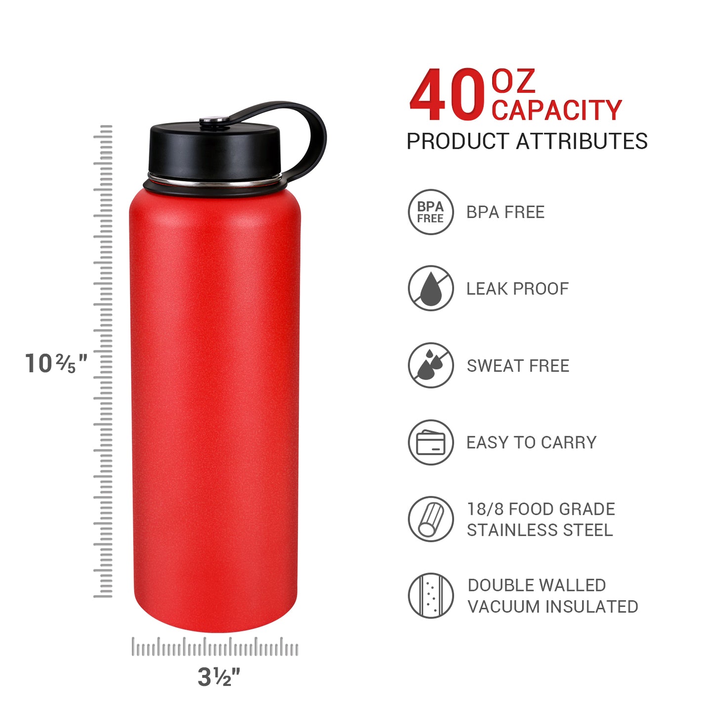 Insulated Wide Mouth Stainless Steel Vacuum Travel Sports Water Bottle-40oz