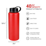 Insulated Wide Mouth Stainless Steel Vacuum Travel Sports Water Bottle-40oz