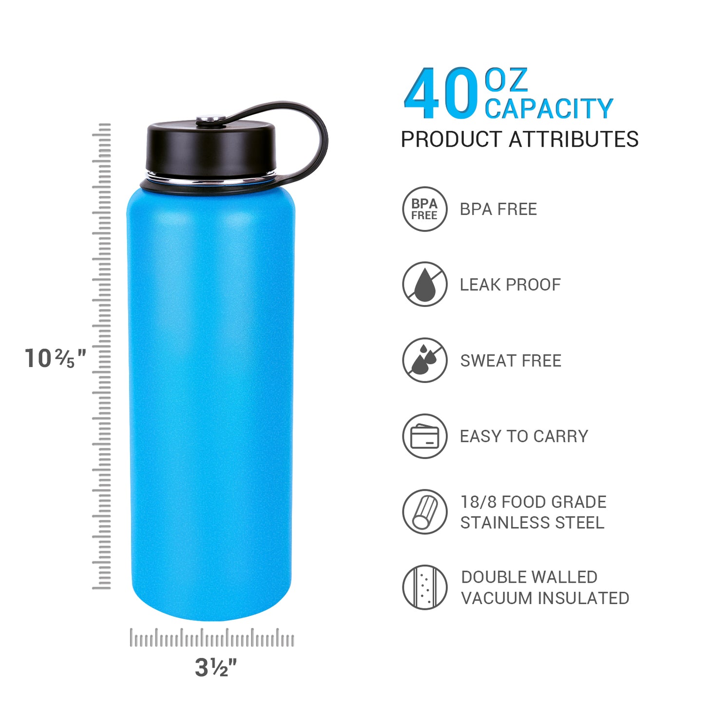 Insulated Wide Mouth Stainless Steel Vacuum Travel Sports Water Bottle-40oz