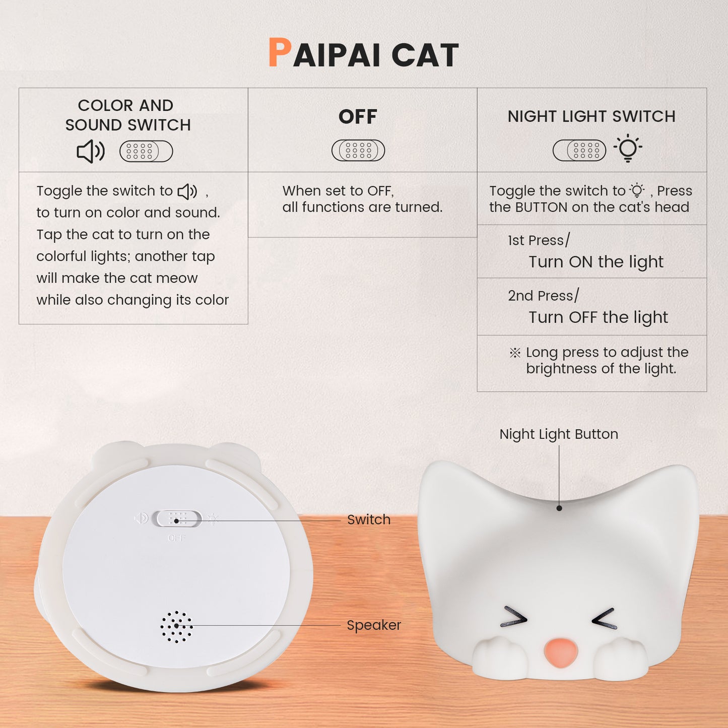 Rechargeable 7 Colors Cute Cat Soft Silicone Led Nightlight