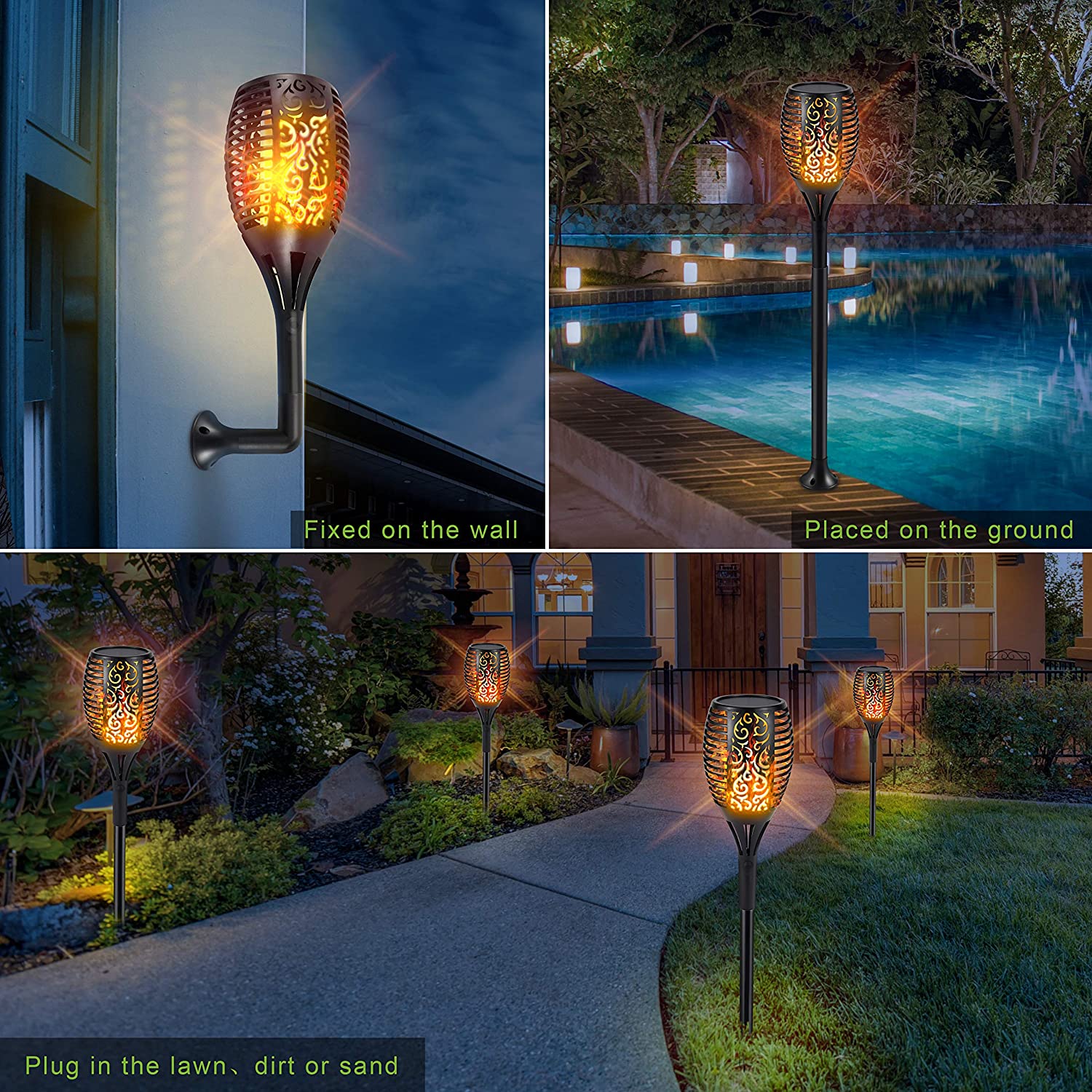 4 Pack Solar Dancing Flame LED Torch Lights – Flickering Outdoor Garden Stake Lamps – True Face
